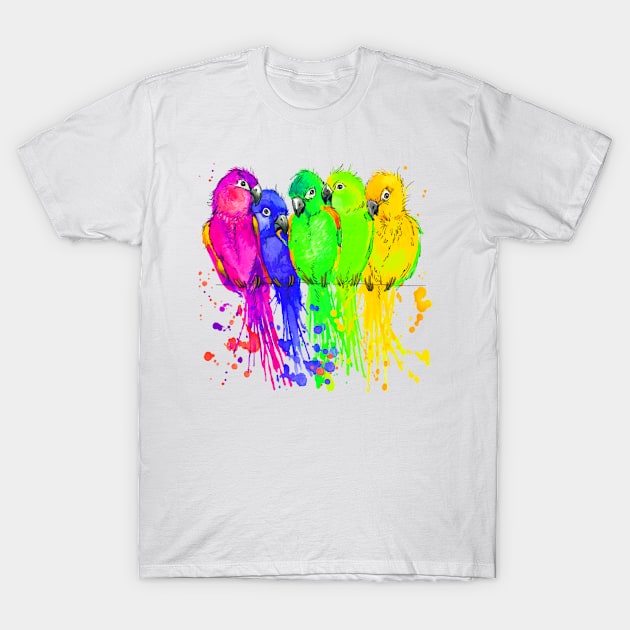 The colourful parrots bird on a tree line watercolor T-Shirt by MegDeRoyale